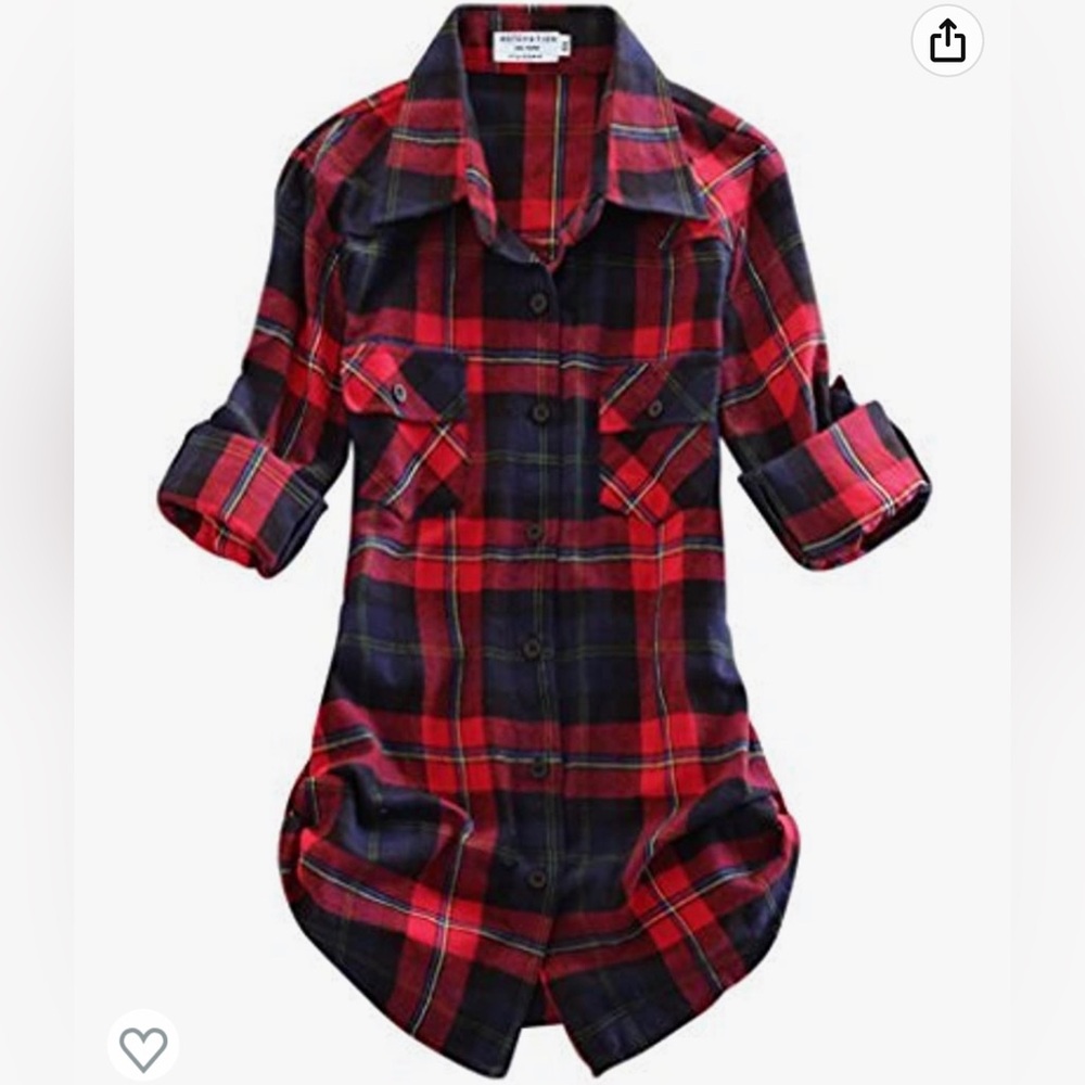 Flannel Red Plaid Button Up Shirt, S, 100% cotton